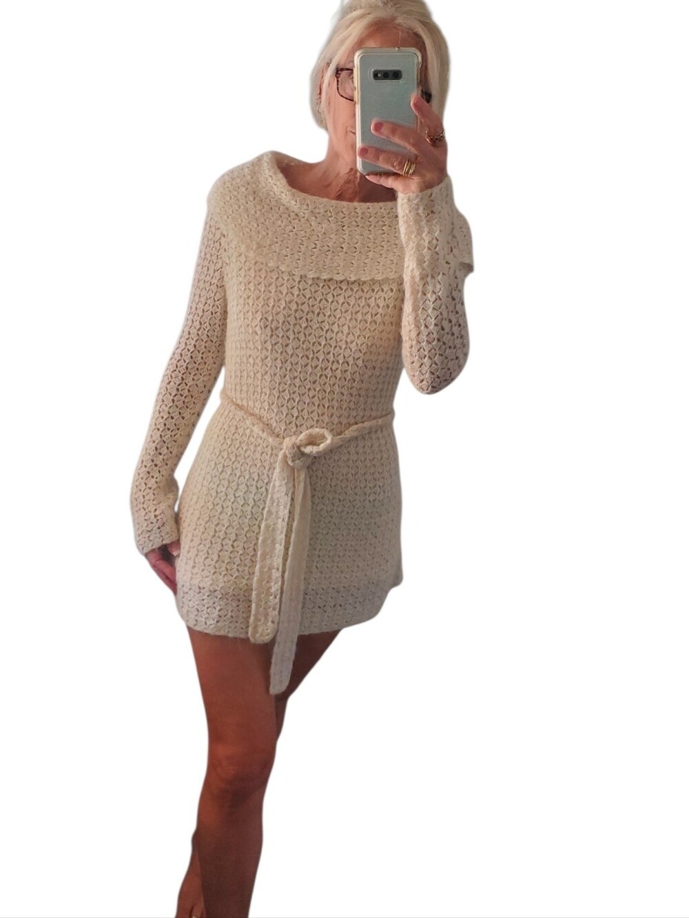 Jones New York Crochet Weaved Tunic Mini Sweater Dress With Belt